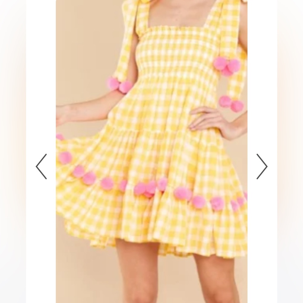 Sundress Pippa Short Dress in Yellow Gingham & Pink Pom Pom Accents - size xs/sm - Picture 4 of 7